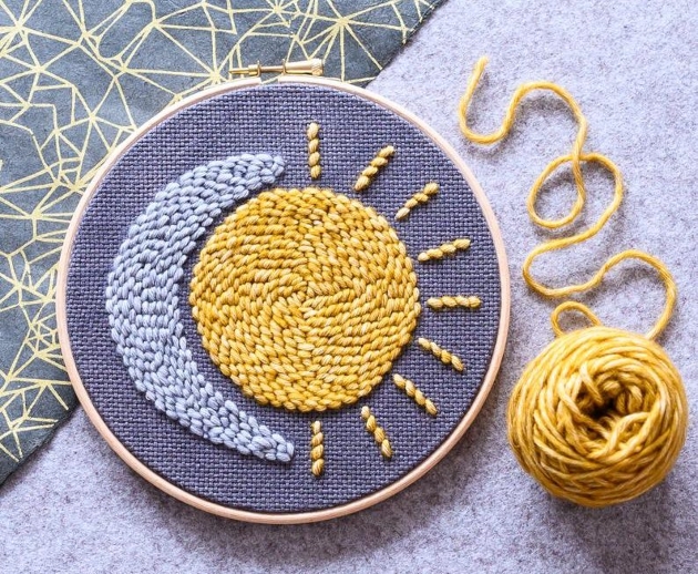 Sun and moon embroidery on hoop