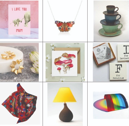 Selection of handmade ceramics, cards and jewellery in a grid