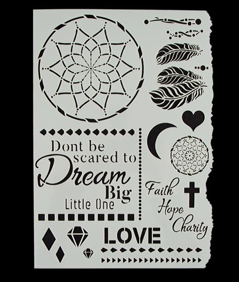 white stencil with boho images and words