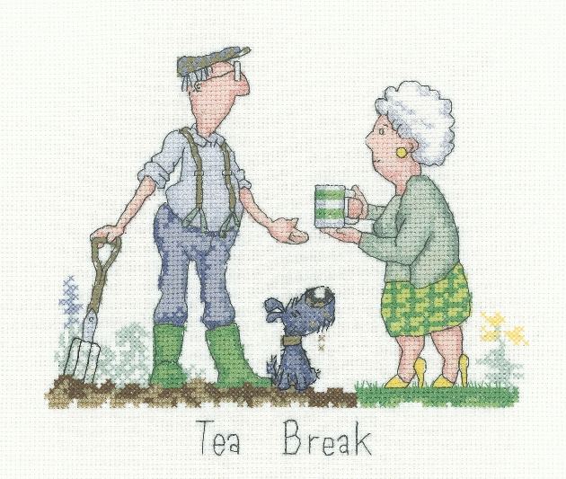 cross stitch print of old man gardening and wife bring cup of tea called 'tea break'