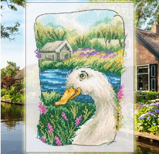  cross stitch kit of a goose in a garden