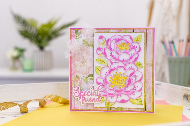 die cut floral card in pink flowers with special friend on it