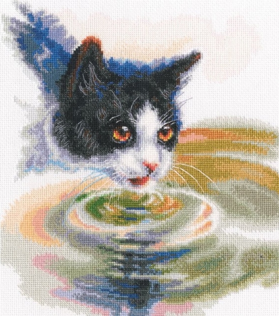 a cross stitch pattern of a cat drinking from a puddle