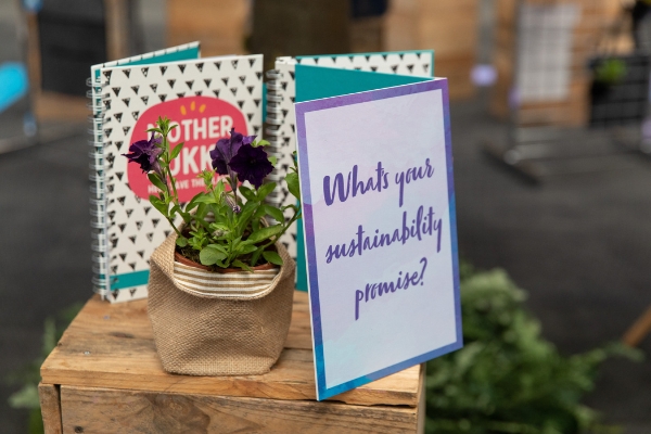 plant in hessian sack, next to plaque with sustainability written on it