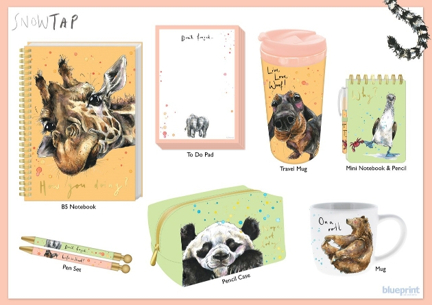 collection of stationery and gift products in pastel colours with giraffe on