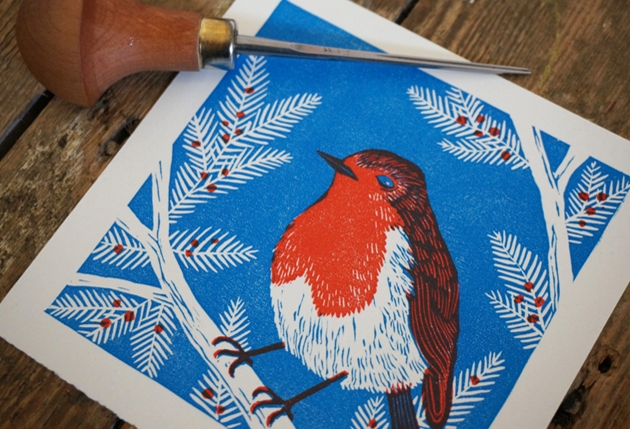 Card with bright print of robin