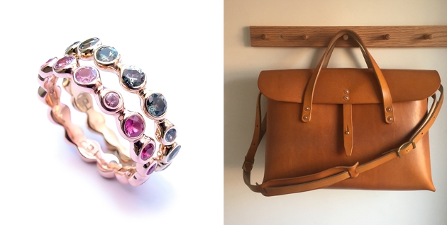 brown leather satchel and jewelled ring