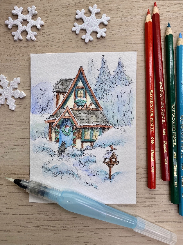watercolour Christmas cottage painting