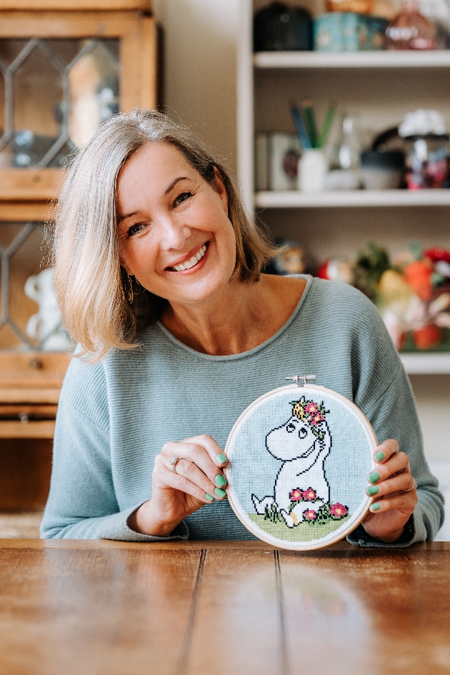 Jo Lochead with new Moomin cross stitch kits