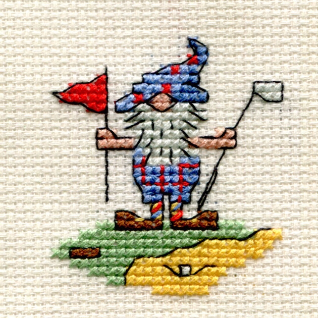 cross stitch of a gnome playing golf