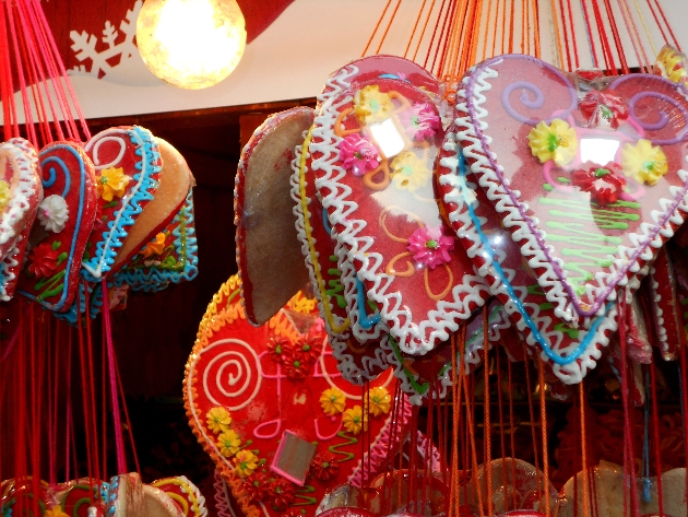 hearts hanging in market craft stall