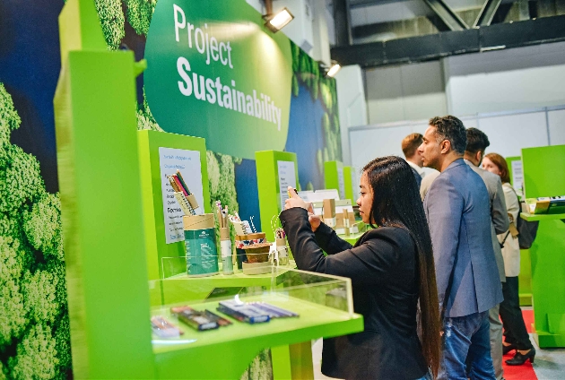 green exhibition stand promoting eco friendly projects