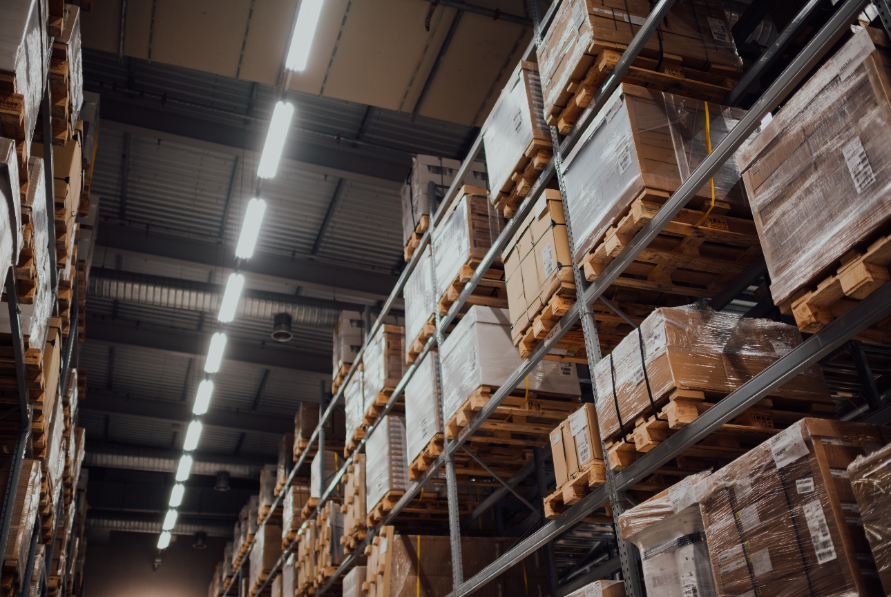 warehouse wooden crates stacked high