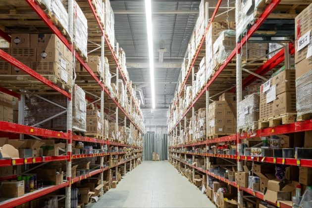 Cardboard boxes stacked in a warehouse