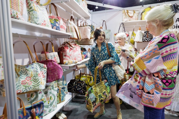 bright fabric bags at trade fair