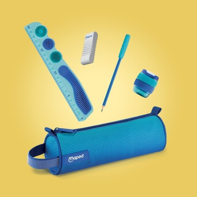 blue pencil case on yellow background